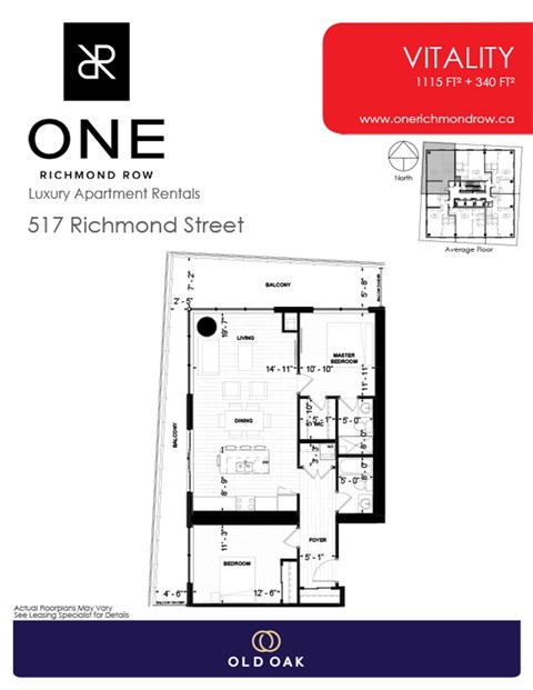 Floor plan for 2 beds, 2 baths, 1115 sqft